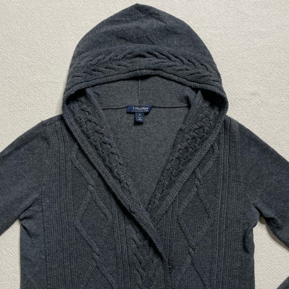 MaxMara Grey Cable Knit Cashmere Hooded Cardigan Sweater L - Picture 2 of 7